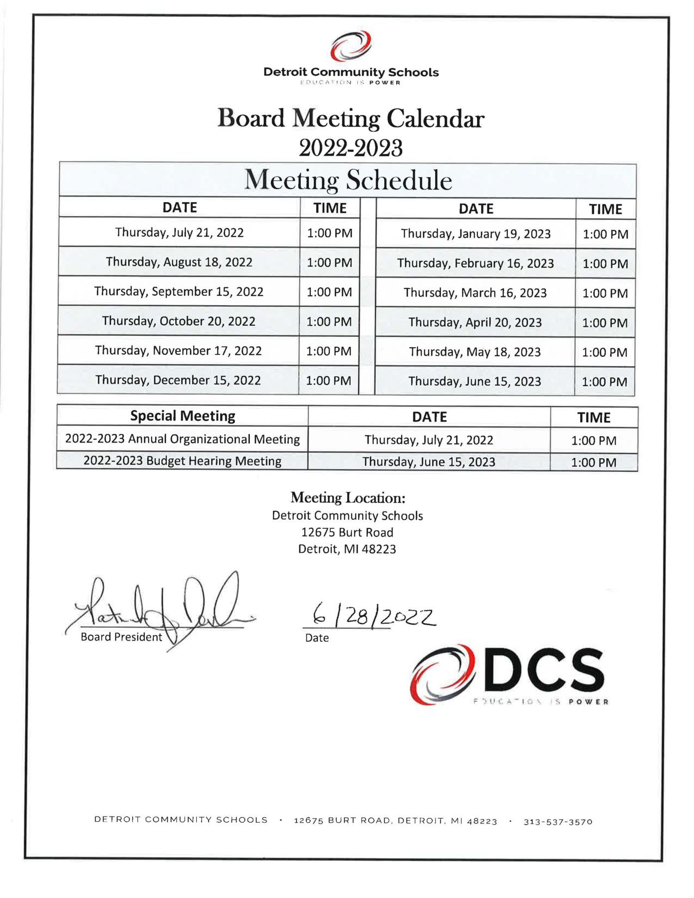 Board Meeting Calendar Detroit Community Schools