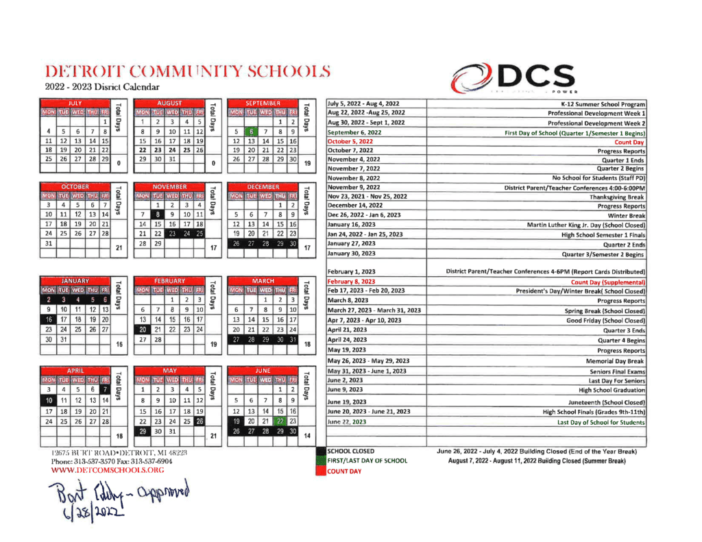 School Year Calendar Detroit Community Schools